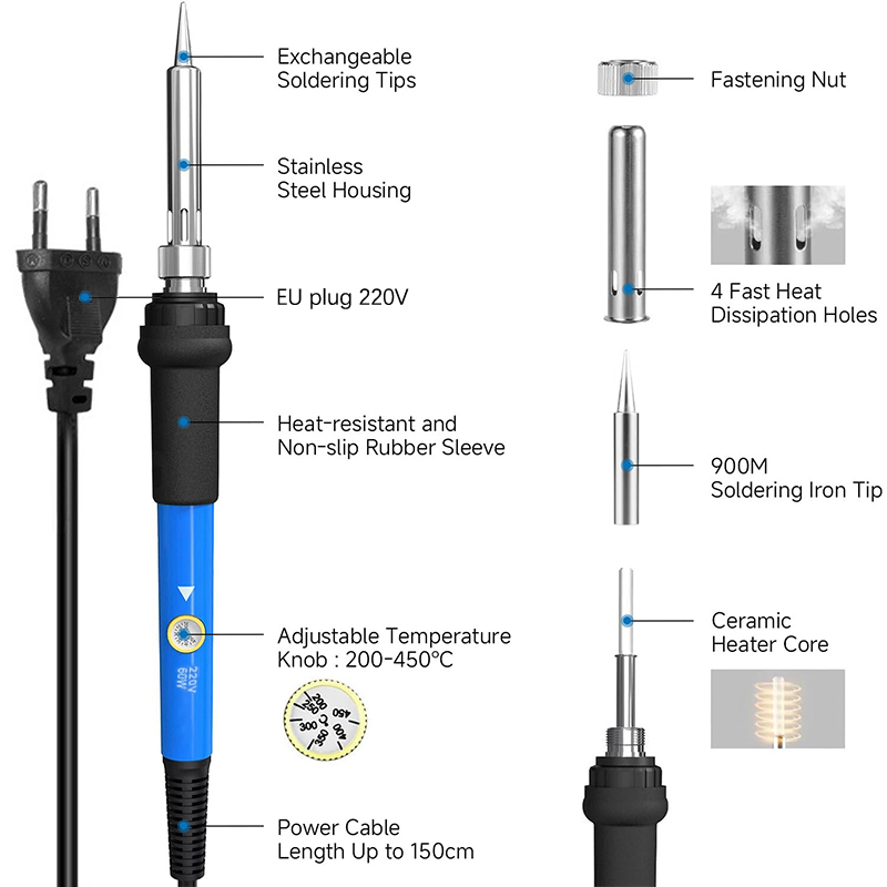 조절 가능한 온도 220V 60W 전기 납땜 인두 키트 - Diy Electronics Tool Kit 리뷰 및 가격