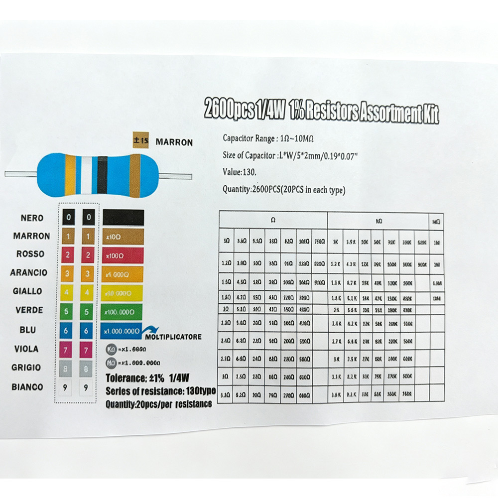 2600개 금속 필름 저항기 모듬 팩 130가지 값 1 - Diy Electronics Project Kit 리뷰 및 가격